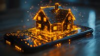 Glowing house emerging from smartphone screen with magical light particles and bokeh effects, creating dreamy holiday atmosphere for real estate and technology concepts.