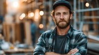 Confident bearded Caucasian male worker in cap and denim shirt with crossed arms in modern industrial warehouse with warm lighting background.