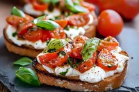 Bruschetta topped with fresh mozzarella, cherry tomatoes, and basil leaves on crusty bread. Drizzled with olive oil and seasoned with black pepper.