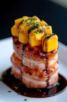 Grilled bacon-wrapped scallops stacked with fresh mango cubes, drizzled with balsamic reduction and garnished with chopped herbs on white plate, macro shot.