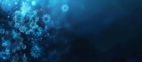 Glowing blue virus cells and molecular structures floating in dark space with bokeh light effects, scientific medical background for healthcare concepts.