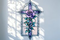 Ornate gothic cross with purple rose and turquoise leaves entwined, stained glass style design on light background with shadow overlay effect.