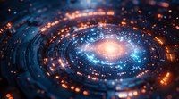 Glowing spiral galaxy with orange and blue light effects, cosmic energy vortex against dark background, abstract space design with luminous center point.