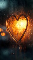 Heart shape drawn on rainy window glass with warm glowing light behind, water drops and bokeh creating atmospheric romantic mood. Perfect for Valentine's day designs.