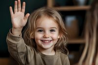 Cheerful young Caucasian girl with blonde hair wearing beige sweater waves hello with bright smile against blurred home interior background.