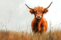 Highland cow with distinctive long horns and shaggy red-brown fur standing in autumn field against misty background, rustic farm animal portrait in natural setting.