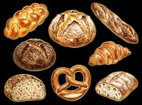 Assorted fresh baked bread rolls, croissants, pretzels and loaves isolated on transparent background. Ready for bakery designs, food packaging, menus, t-shirts and print-on-demand products.