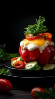 Fresh red tomato stuffed with egg yolk and garnished with dill, served with cucumber slices and cherry tomatoes on dark plate against black background.