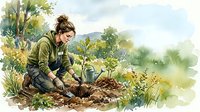 Young woman gardener planting seedlings in organic vegetable garden with watering can and tools in watercolor style for sustainable farming concepts.