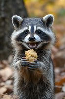 Smiling raccoon holding food in paws against autumn forest background, close up portrait of happy wild animal eating snack in natural habitat.