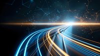 Futuristic digital highway with glowing light trails and network connections representing data flow, technology infrastructure and cyber connectivity.