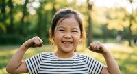 Happy Asian girl child flexing muscles showing strength and confidence outdoors in sunny park with green trees background during golden hour light.