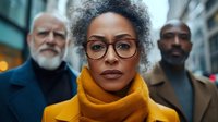 African American businesswoman wearing glasses and yellow scarf stands confidently in focus while two diverse male colleagues appear blurred in background on urban street.
