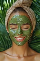 Young woman with green clay face mask and towel turban smiling with eyes closed in tropical spa setting for natural skincare and wellness treatments.