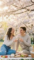 Couple toasting with wine glasses during spring picnic under blooming cherry blossom trees, celebrating outdoors with food and nature backdrop.