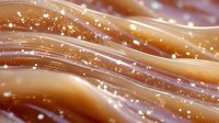 Smooth flowing caramel waves with golden sparkles creating abstract pattern of sweet dessert sauce for food photography and culinary design.