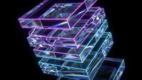 Futuristic holographic glass cubes with neon purple and cyan edges floating on black background. Digital technology concept for sci-fi designs and presentations.