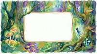 Watercolor enchanted forest frame with fairies, glowing mushrooms, and magical trees, featuring a blank center for custom text or design.