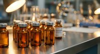 Amber glass vials arranged on laboratory counter with blurred scientific equipment background for pharmaceutical research and medical testing applications.