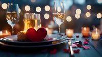 Romantic dinner setting with wine glasses, red heart decoration, candles and bokeh lights creating intimate atmosphere on dark wooden table for Valentine's Day celebration.