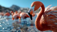Vibrant coral flamingo in close-up profile against blurred water background with flock. Soft feathers and curved neck create elegant composition for nature photography.