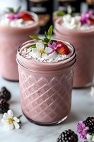 Pink berry smoothie in mason jar topped with whipped cream, fresh strawberries, edible flowers and mint leaves. Blackberries scattered on marble surface.