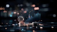 Cryptocurrency trading concept with stacked coins and bitcoin symbol against blurred city lights background, financial chart showing market data.