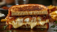 Grilled cheese sandwich with caramelized onions and melted cheese oozing between golden-brown toasted bread slices, served with french fries on rustic wooden board.