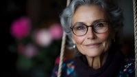 Senior woman with gray hair and eyeglasses smiling warmly at camera, wearing colorful patterned clothing against blurred floral background. Suitable for healthcare, wellness, aging, lifestyle and portrait projects.