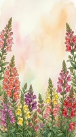 Watercolor snapdragon flowers in pink, purple, yellow and red framing a soft pastel background, perfect for cards, posters and spring decor.