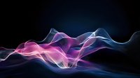 Ethereal flowing waves of pink and blue light create dynamic abstract pattern against dark background, glowing with translucent energy and smooth motion curves.