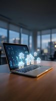 Laptop displaying glowing house icons and data analytics on wooden desk in modern office with city skyline view for real estate technology concepts.