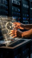 Male technician with dark skin tone operating holographic interface display in server room data center environment for IT support and network management.