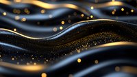 Luxurious black and gold waves with glowing particles create elegant abstract background with flowing motion and sparkling bokeh effect for luxury designs.