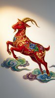 Red goat with golden horns and floral patterns leaping through colorful clouds in traditional Asian art style for lunar new year celebrations.