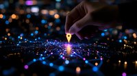 Glowing network connections with hand placing luminous marker pin on digital surface, surrounded by colorful bokeh lights in dark background. For technology concepts.
