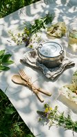 Outdoor picnic setup with eco-friendly lunch containers, wooden utensils and fresh wildflowers on white blanket with natural sunlight shadows.