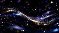 Magical glowing wave of sparkling stardust and light particles flowing on dark background with blue bokeh effect creates cosmic atmosphere.