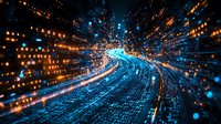 Abstract digital tunnel with glowing blue and orange light trails creating dynamic motion effect through cyber space, technology concept for network speed.