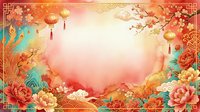 Festive Asian-inspired background with red and gold lanterns, peonies, and ornamental elements framing a glowing center space for text or design overlay.