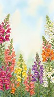 Watercolor snapdragon garden with colorful blooms in pink, yellow, purple, orange and white against a soft sky background.