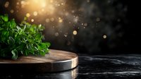 Fresh green basil leaves on wooden cutting board against dark background with golden bokeh lights and copy space for food photography styling.