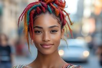 Young African American woman with vibrant red dreadlocks and natural makeup smiling confidently at camera against blurred urban background with soft bokeh lighting.