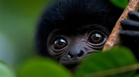 Young primate with large expressive eyes clinging to branch in lush green forest environment. Wildlife and nature stock content.