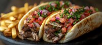 Grilled steak tacos with fresh pico de gallo, chopped cilantro and onions served on corn tortillas with golden french fries on black stone plate, close up panoramic view.