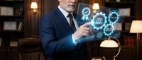 Middle-aged Caucasian businessman in navy suit interacting with futuristic holographic interface displaying digital icons in elegant office setting.