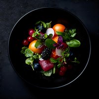 Fresh colorful salad with cherry tomatoes, berries, microgreens and herbs served in black ceramic bowl on dark background. Food photography style.