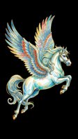 Ornate winged horse with flowing mane and tail, featuring intricate gold, blue, and turquoise detailing. Isolated on transparent background, ready for t-shirts, stickers, sublimation, and print-on-demand designs.
