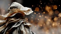 Mysterious hooded figure in flowing fabric against dark background with golden bokeh lights, creating dramatic atmospheric fantasy scene.
