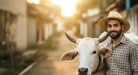 Male farmer with white cow on rural farm road at golden hour, suitable for agriculture, livestock, and farming industry content.